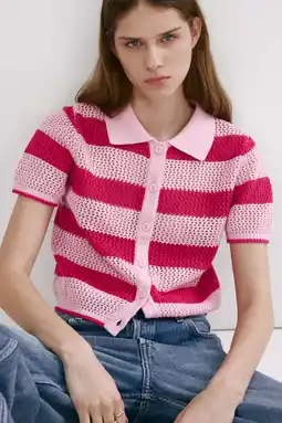 Wehkamp Mango gebreide gestreepte polo - roze aanbieding