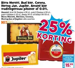 Boon`s Markt Birra Moretti, Bud bier, Corona, Hertog Jan, Jupiler, Amstel bier traditiegetrouw pilsener of 0.0%, aanbieding