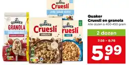 PLUS Quaker cruesli en granola aanbieding