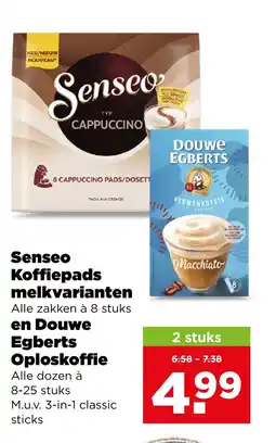 PLUS Senseo koffiepads melkvarianten en douwe egberts oploskoffie aanbieding