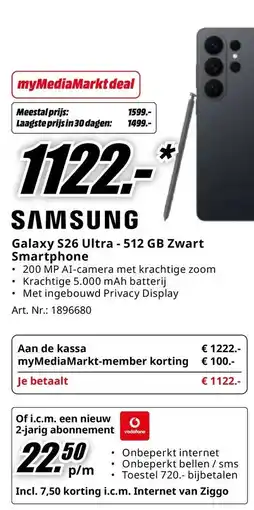 MediaMarkt SAMSUNG Galaxy S26 Ultra - 512 GB Zwart Smartphone aanbieding