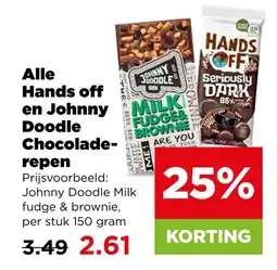 PLUS Alle hands off en johnny doodle chocolade repen aanbieding