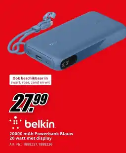 MediaMarkt Belkin 20000 mAh Powerbank Blauw 20 Watt met Display aanbieding
