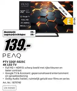 MediaMarkt PEAQ PTV 32GF-5025C 4K LED TV aanbieding