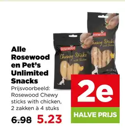 PLUS Alle Rosewood en Pet's Unlimited Snacks aanbieding
