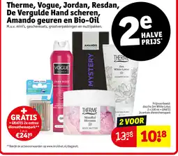 Kruidvat Therme, vogue, jordan, resdan, de vergulde hand scheren, amando geuren en bio-oil aanbieding