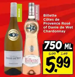 Vomar Voordeelmarkt Billette Côtes de Provence Rosé of Danie de Wet Chardonnay aanbieding