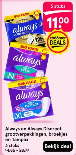 Etos Always en Always Discreet grootverpakkingen, broekjes en Tampax aanbieding
