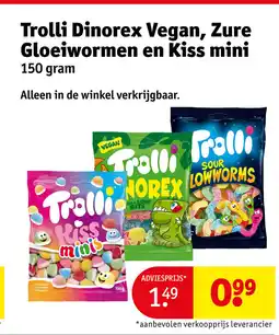Kruidvat Trolli dinorex vegan, zure gloeiwormen en kiss mini aanbieding