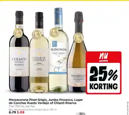 Jumbo Mezzacorona pinot grigio, jumbo prosecco, lugar de conchas rueda verdejo of chianti riserva aanbieding