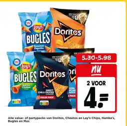 Jumbo Alle value- of partypacks van doritos, cheetos en lay's chips, hamka's, bugles en max aanbieding