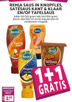 De Boerenschuur Remia saus in knijpfles, satesaus kant & klaar en/of tafelsaus aanbieding