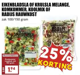 De Boerenschuur eikenbladsla of krulsla melange, komkommer, koolmix of radijs rauwkost aanbieding