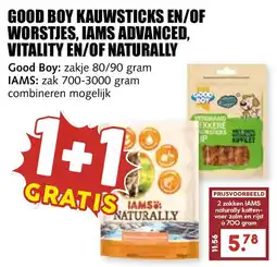 De Boerenschuur Good Boy kauwsticks en/of worstjes, IAMS Advanced, Vitality en/of Naturally aanbieding