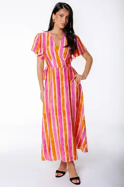 Wehkamp Colourful Rebel viscose maxi gestreepte wikkeljurk - roze aanbieding