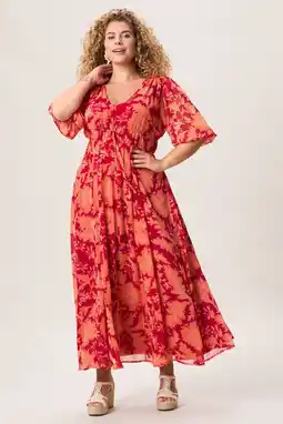 Wehkamp Miss Etam Plus gebloemde avondjurk met rijgdetail - rood aanbieding