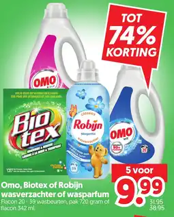 Dekamarkt Omo, Biotex of Robijn wasverzachter of wasparfum aanbieding
