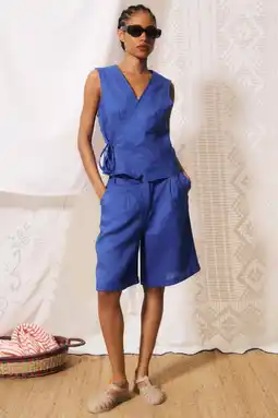 Wehkamp FRNCH ramie loose fit bermuda short - blauw aanbieding