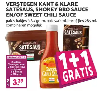 VERSTEGEN KANT & KLARE SATÉSAUS, SMOKEY BBQ SAUCE EN/OF SWEET CHILI SAUCE