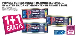 Coop Princes tonijnstukken in zonnebloemolie, in water en/of met groenten in pikante saus aanbieding