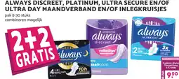 Boon`s Markt ALWAYS DISCREET, PLATINUM, ULTRA SECURE EN/OF ULTRA DAY MAANDVERBAND EN/OF INLEGKRUISJES aanbieding