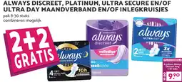 Boon`s Markt ALWAYS DISCREET, PLATINUM, ULTRA SECURE EN/OF ULTRA DAY MAANDVERBAND EN/OF INLEGKRUISJES aanbieding