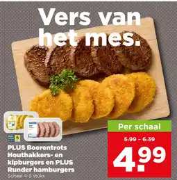 PLUS Plus boerentrots houthakkers en kipburgers en plus runder hamburgers aanbieding