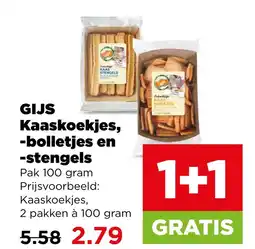 PLUS GIJS Kaaskoekjes, bolletjes en stengels aanbieding