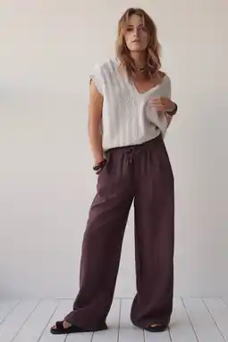 Wehkamp Summum linnen regular waist wide leg fit broek - paars aanbieding