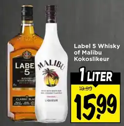 Vomar Voordeelmarkt Label 5 Whisky of Malibu Kokoslikeur aanbieding