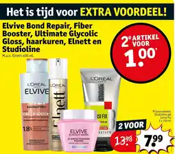 Kruidvat Elvive Bond Repair, Fiber Booster, Ultimate Glycolic Gloss, haarkuren, Elnett en Studioline aanbieding
