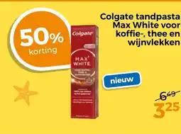 Trekpleister Colgate tandpasta max white voor koffie, thee en wijnvlekken aanbieding