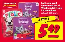 Nettorama Frolic mini rund hondenbrokken of Whiskas adult/senior kattenbrokken aanbieding