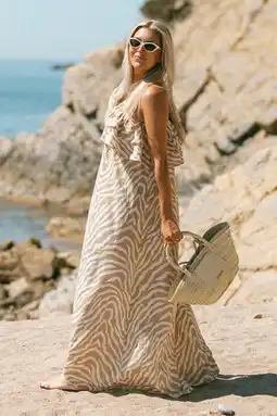 Wehkamp Bolina Island maxi zomerjurk met zebraprint - beige aanbieding