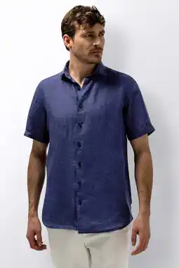 Wehkamp State of Art regular casual overhemd met linnen donkerblauw aanbieding