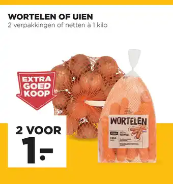 Jumbo Wortelen of Uien 2 verpakkingen of netten a 1 kilo aanbieding