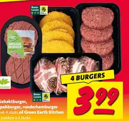 Nettorama Gehaktburger, spekburger, runderhamburger pak 4 stuks of Green Earth Kitchen 2 pakken à 2 stuks aanbieding