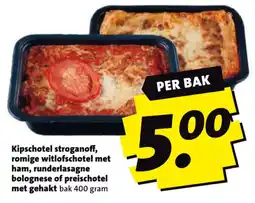 Boni Kipschotel stroganoff, romige witlofschotel met ham, runderlasagne bolognese of preischotel met gehakt aanbieding