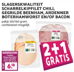 MCD Supermarkt Slagerskwaliteit scharrelkipfilet chili, gegrilde beenham, ardenner boterhamworst en/of bacon aanbieding