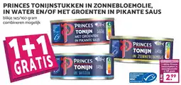 MCD Supermarkt Princes tonijnstukken in zonnebloemolie, in water en/of met groenten in pikante saus aanbieding