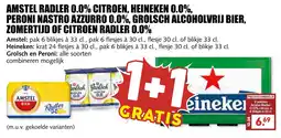 MCD Supermarkt Amstel Radler 0.0% Citroen, Heineken 0.0%, Peroni Nastro Azzurro 0.0%, Grolsch Alcoholvrij Bier aanbieding