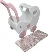 Bol.com Houten poppenwagen XL Wit klassiek met hartjes inclusief wit met roze hartjes dekje aanbieding