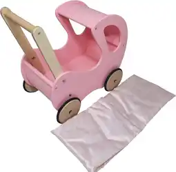 Bol.com Playwood - Houten Poppenwagen roze klassiek met kap - inclusief dekje roze met witte hartjes aanbieding