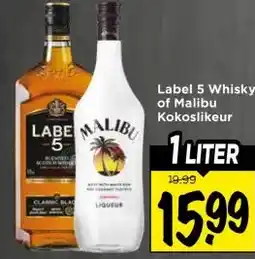 Vomar Voordeelmarkt Label 5 Whisky of Malibu Kokoslikeur aanbieding
