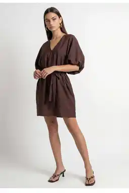 Wehkamp Shoeby viscose korte zomerjurk met ceintuur - bruin aanbieding