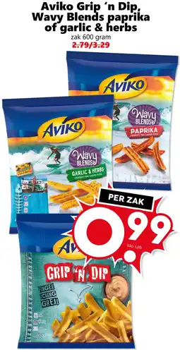 Coop Aviko grip 'n dip, wavy blends paprika of garlic & herbs aanbieding