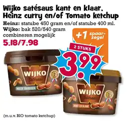 Boon`s Markt Wijko satésaus kant en klaar, Heinz curry en/of Tomato ketchup aanbieding
