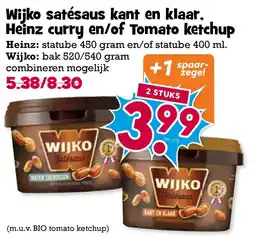 Boon`s Markt Wijko satésaus kant en klaar. Heinz curry en/of Tomato ketchup aanbieding