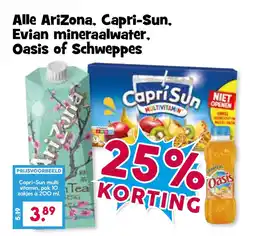 Boon`s Markt Alle Arizona, Capri-Sun. Evian mineraalwater. Oasis of Schweppes aanbieding