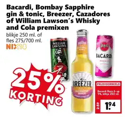Coop Bacardi, bombay sapphire gin & tonic, breezer, cazadores of william lawson's whisky and cola premixen aanbieding
